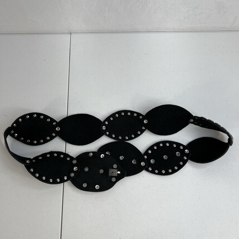 Leather Studded Belt Large 38 Bling Buckle Conch Style Black Silver Southwestern - Picture 10 of 16